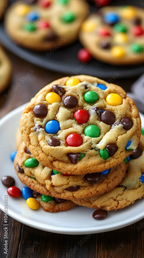Delicious stack of colorful cookies with chocolate and candy pieces. Delicious stack of colorful cookies with chocolate and candy pieces.