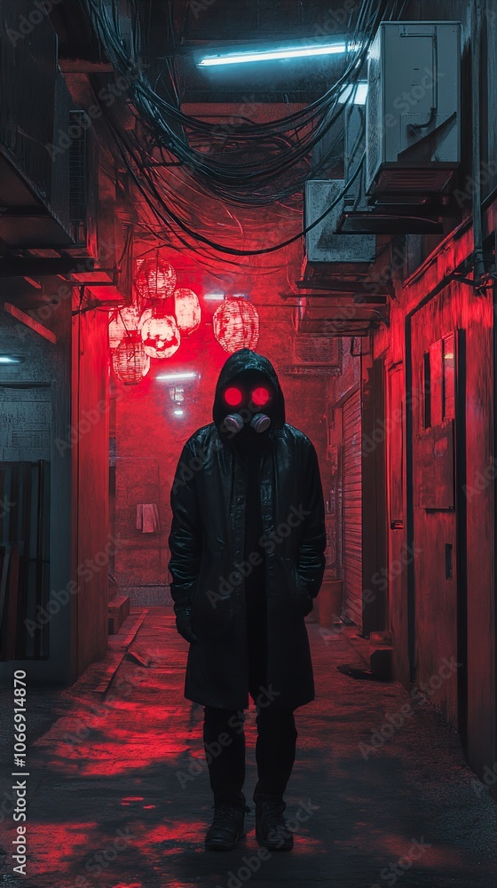 Mysterious Figure in a Gloomy Alleyway with Red Lights Mysterious Figure in a Gloomy Alleyway with Red Lights
