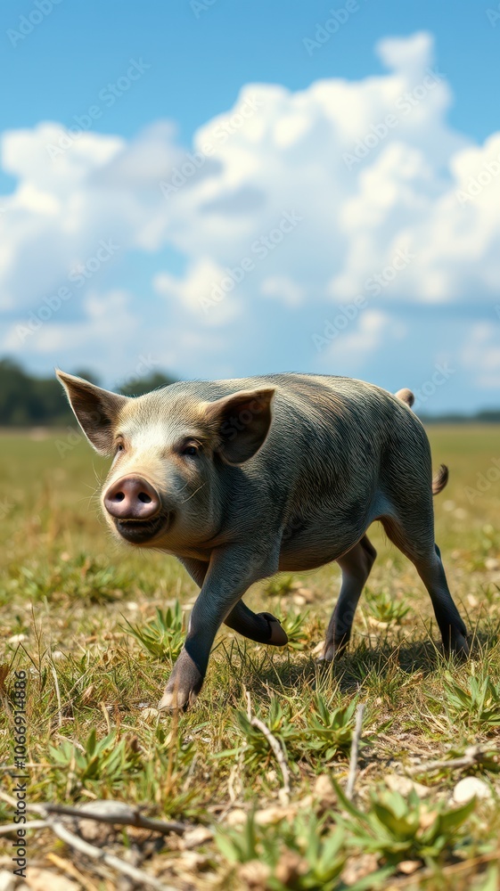 A pig walks through a grassy field on a sunny day A pig walks through a grassy field on a sunny day