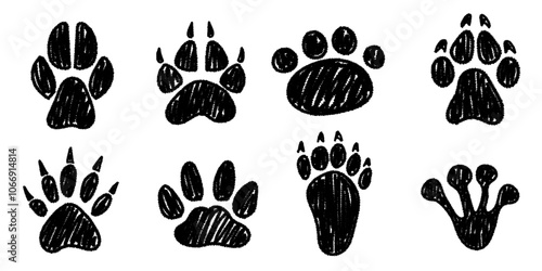 Set of hand drawn footprints in brush stroke texture paint style. Traces of animals. Wild animal feet silhouette.Vector chalk graphic elements