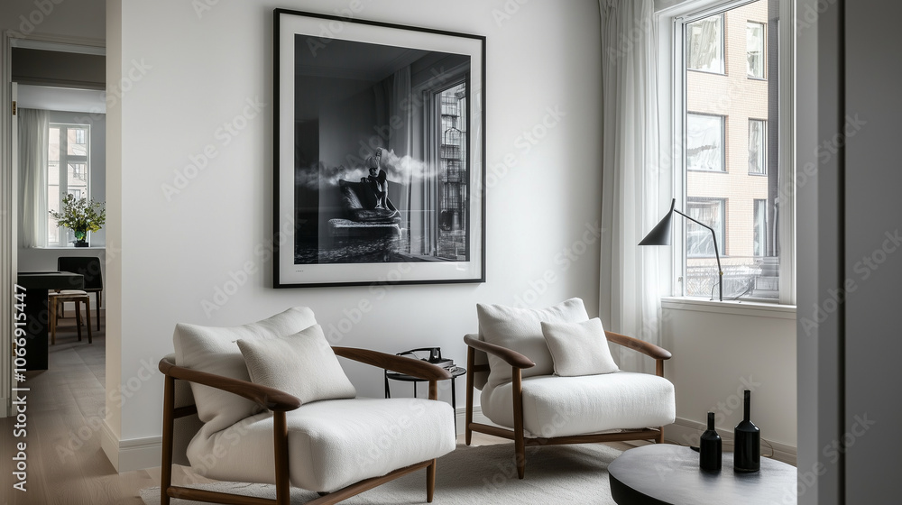 Bright Scandinavian living room with two cozy plush armchairs facing a large framed poster on a crisp white wall, accented by minimalist decor, soft textures, and warm tones for a Bright Scandinavian living room with two cozy plush armchairs facing a large framed poster on a crisp white wall, accented by minimalist decor, soft textures, and warm tones for a