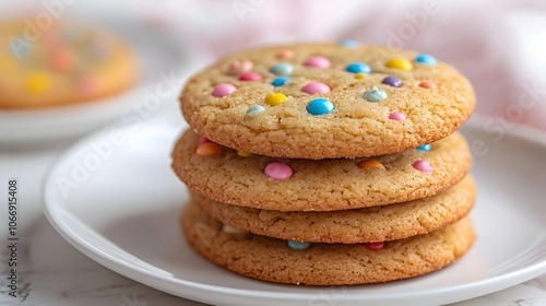 Delicious stack of colorful cookies on a plate, perfect for dessert lovers.