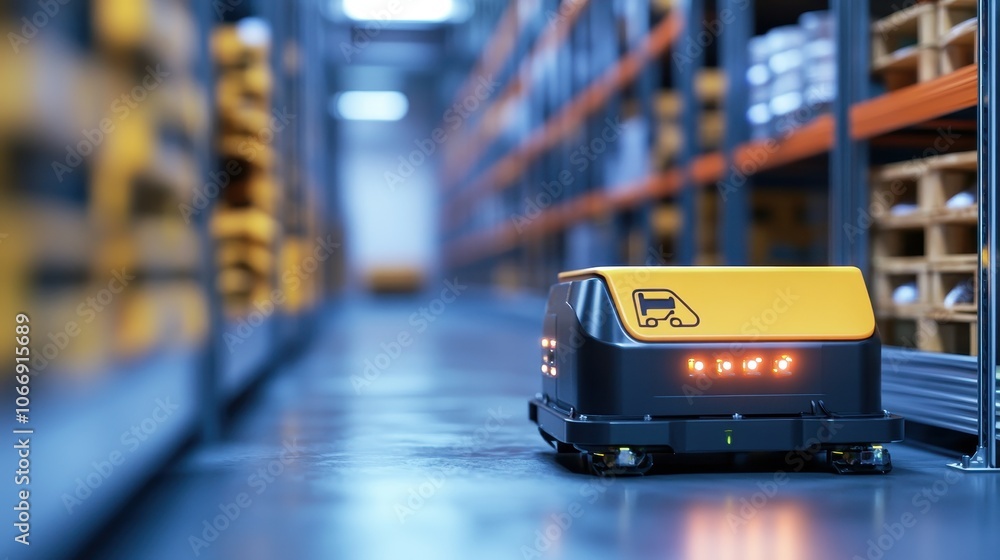 Automated warehouse interior with conveyor belts robotic equipment and racking systems for efficient logistics storage and distribution of goods and merchandise Automated warehouse interior with conveyor belts robotic equipment and racking systems for efficient logistics storage and distribution of goods and merchandise