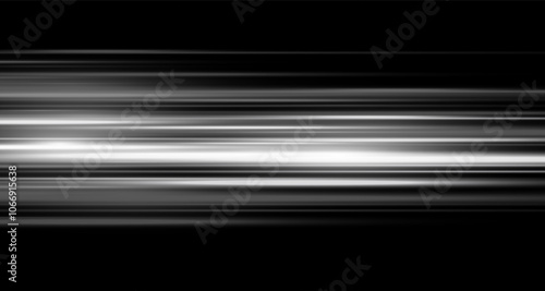 White laser beams isolated on black background. Abstract light effect. Green lens flash. Horizontal rays glowing in the dark. Light Speed ​​vector illustration, road.