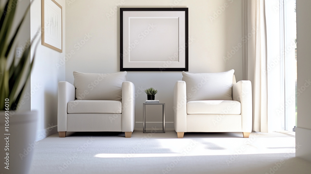 Fototapeta premium Inviting Scandinavian-style living room with two plush armchairs in neutral tones, a large framed print as the focal point, and sleek decor accents set against a bright white wall.