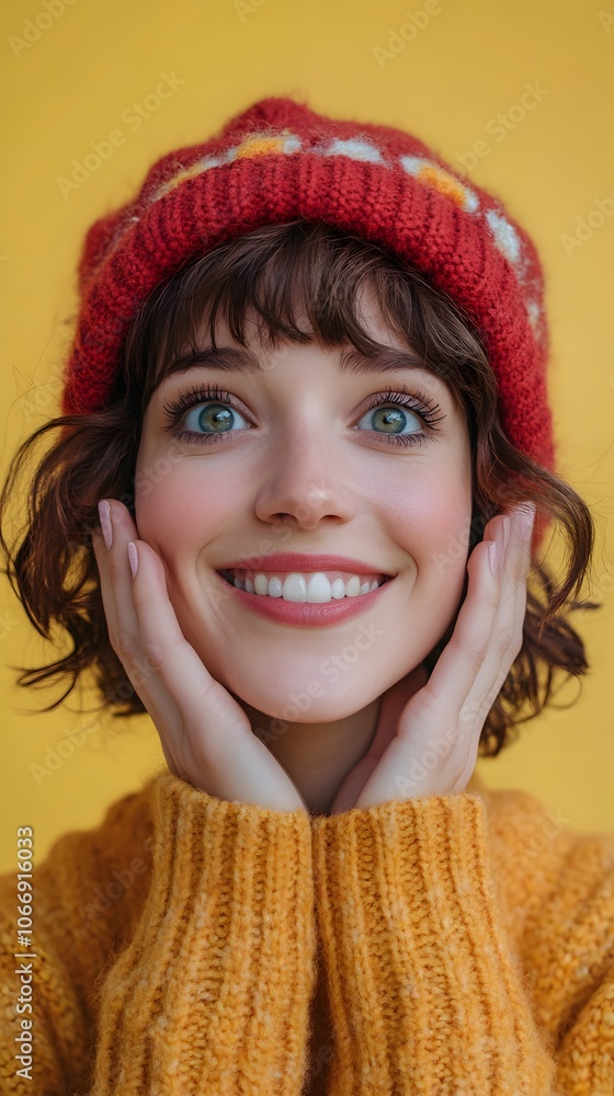 Cheerful young woman with a vibrant red hat and a sunny yellow background. Cheerful young woman with a vibrant red hat and a sunny yellow background.