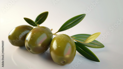 Close view of olive with leaves, isolated on white background.