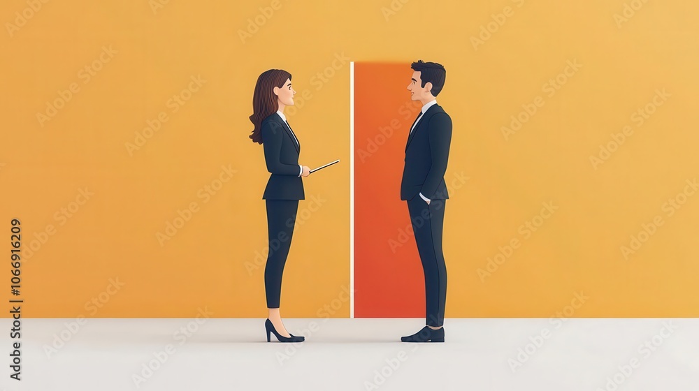 Obraz premium A professional interaction between a man and a woman in business attire, standing before an orange door in a vibrant, minimalist room.