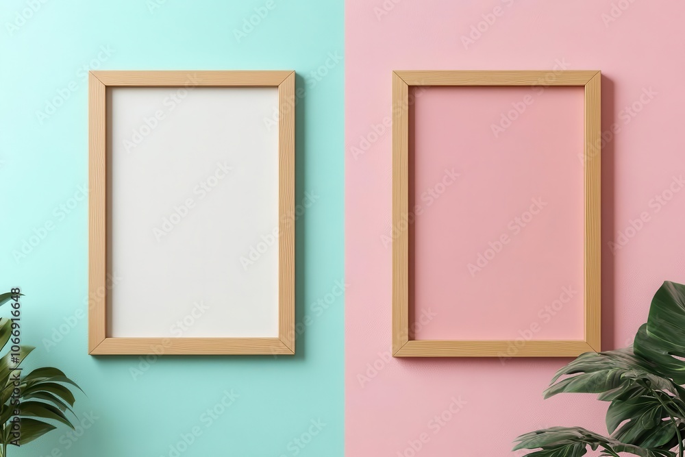 A minimalist display featuring two empty picture frames on contrasting pastel backgrounds of mint green and soft pink. A minimalist display featuring two empty picture frames on contrasting pastel backgrounds of mint green and soft pink.