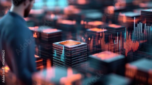 Futuristic urban skyline with glowing 3D data visualization representing the dynamic and ever evolving world of finance technology and innovation photo