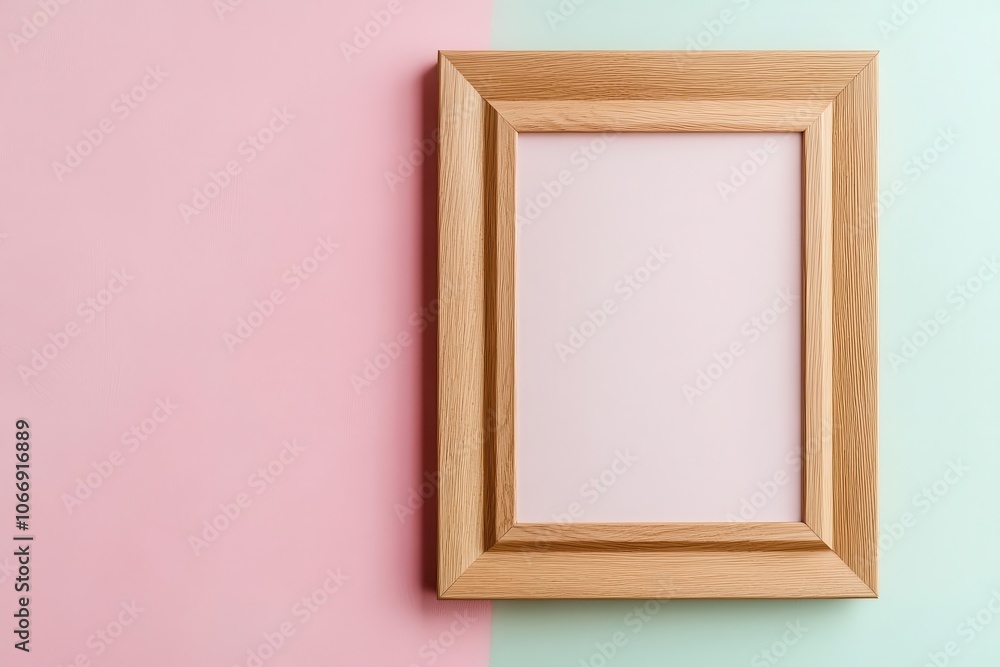 A minimalistic wooden picture frame on a pastel pink and green background, perfect for displaying art or photos. A minimalistic wooden picture frame on a pastel pink and green background, perfect for displaying art or photos.