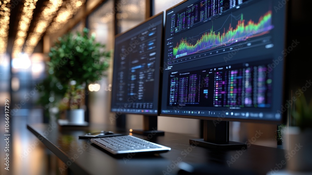 Multiple computer screens displaying dynamic financial data analytics graphs and charts in a modern minimalist office workspace with a blurred plant in the foreground Multiple computer screens displaying dynamic financial data analytics graphs and charts in a modern minimalist office workspace with a blurred plant in the foreground