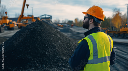 A worker in high-visibility gear surveys the progress on a massive highway project, surrounded by piles of gravel, cranes, and machinery, representing dedication and the complexity