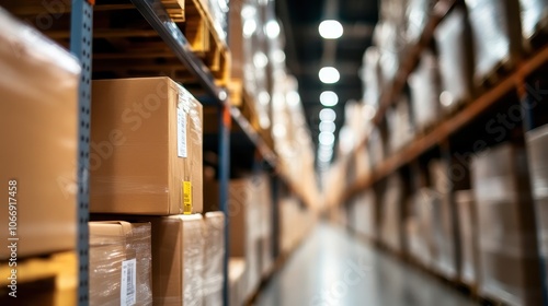 Organized warehouse interior with tall metal shelves stacked with cardboard boxes and packages for storage distribution and logistics Concept of efficient inventory management and product delivery