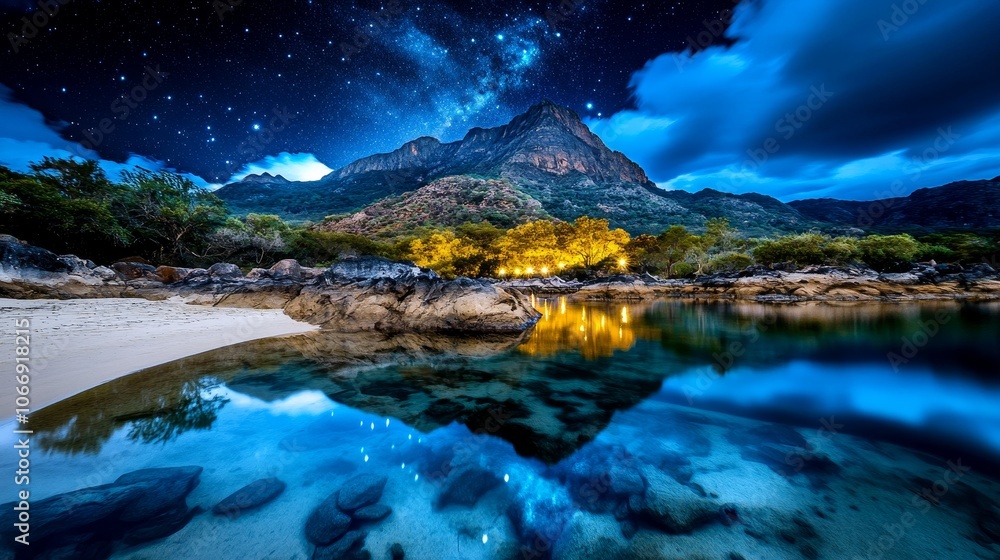 Obraz premium Night Sky and Mountain Reflection in Tranquil Lake