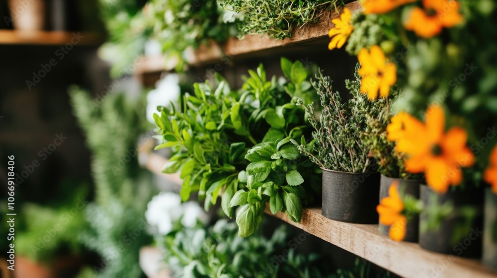 Lush greenery and vibrant flowers on rustic shelves in tranquil garden spa concept Lush greenery and vibrant flowers on rustic shelves in tranquil garden spa concept