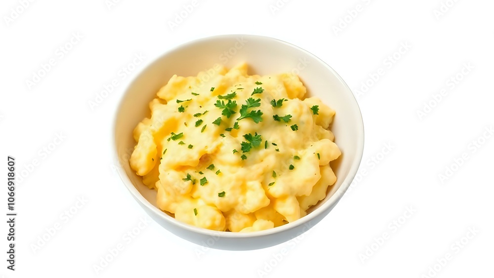 Scrambled Eggs with Herbs on White Background Scrambled Eggs with Herbs on White Background