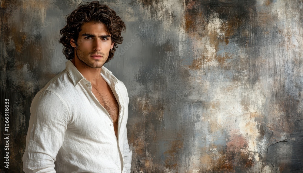 Obraz premium A young man in a white shirt posing confidently against a textured gray background