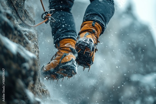 Detailed shot of an ice climber’s boots with crampons gripping a snowy rock face, showcasing adventure and extreme winter sport. photo