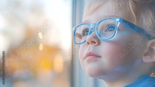 Young Child with Blue Glasses Focusing on a Distant Tree Outside the Window, Symbolizing Myopia Prevention and the Importance of Outdoor Activities