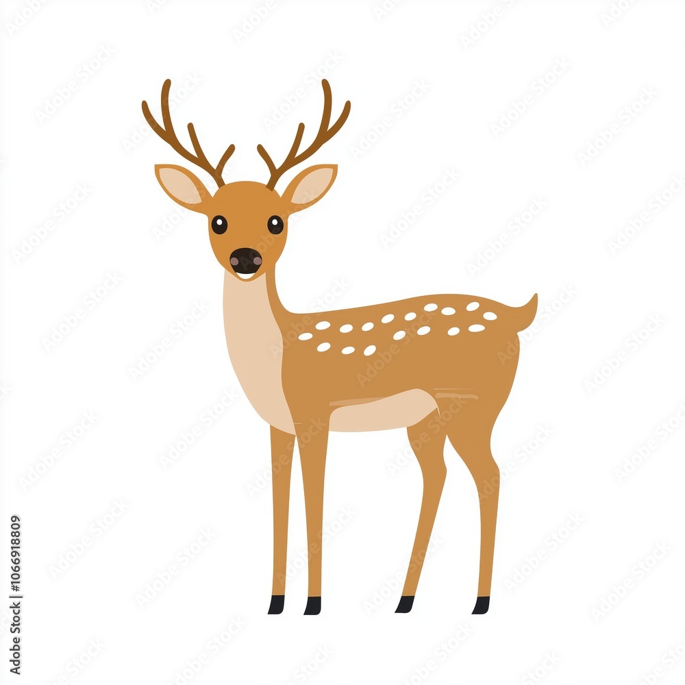 A cute cartoon deer standing upright on a white background, showcasing its distinct spots and antlers in a playful illustration A cute cartoon deer standing upright on a white background, showcasing its distinct spots and antlers in a playful illustration