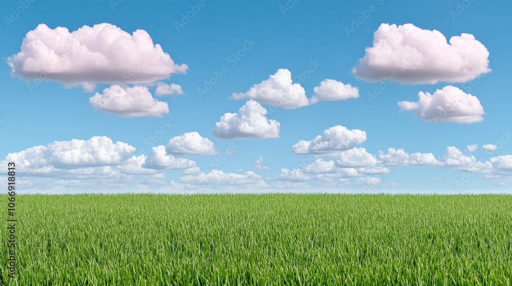 Lush Green Grass Field with Blue Sky and Fluffy White Clouds Summer Landscape Lush Green Grass Field with Blue Sky and Fluffy White Clouds Summer Landscape
