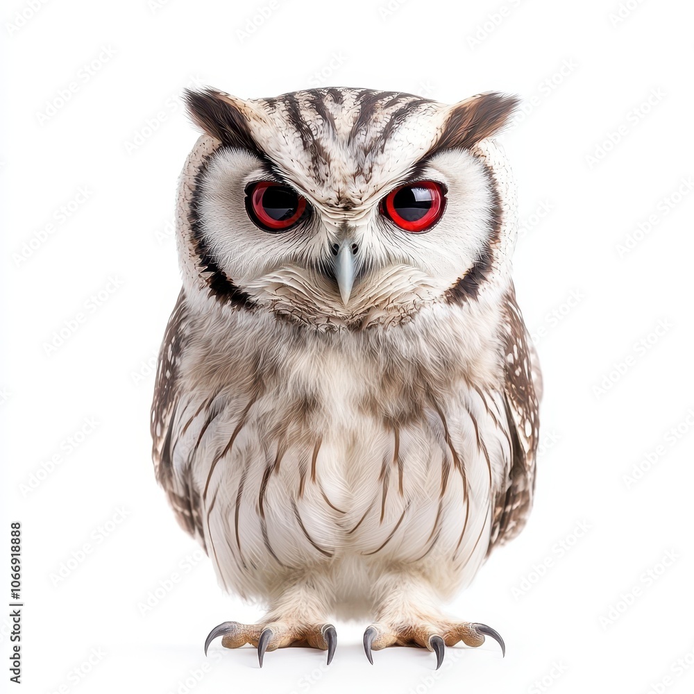 A small owl with red eyes stares at the camera A small owl with red eyes stares at the camera