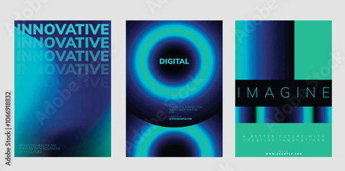 Futuristic digital innovation posters. Digital poster template set with abstract blue and green gradient background design. Set of digital innovation poster templates, blue and neon green design