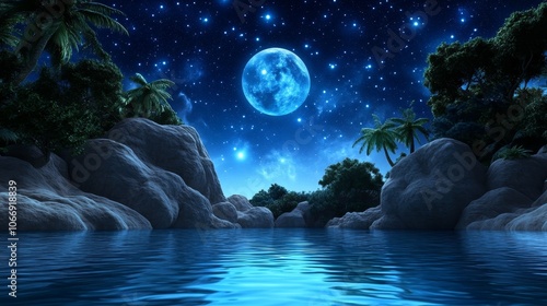 Night Sky Tropical Island Full Moon Stars Palm Trees Rocks Water Nature Calm Tranquil