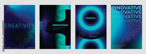 Futuristic digital innovation posters. Futuristic poster template set with abstract blue and green gradient background design. Set of Futuristic poster templates, blue and neon green design