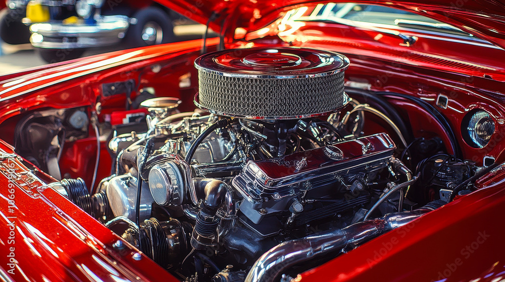 Red Classic Muscle Car Engine with V8 Chromed Air Intake in Detailed View Red Classic Muscle Car Engine with V8 Chromed Air Intake in Detailed View