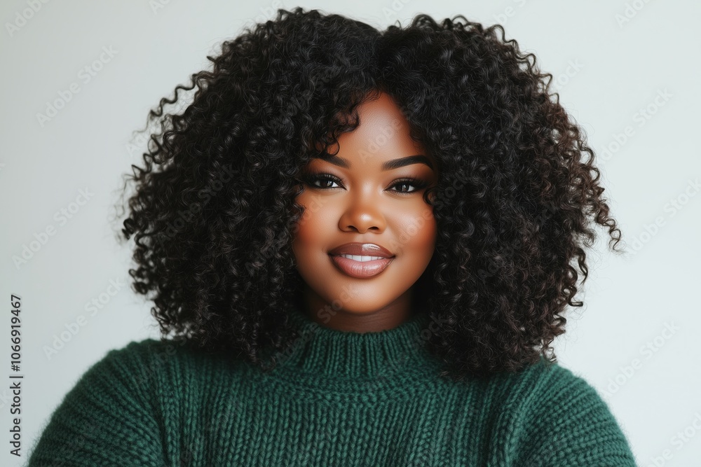 A woman with curly hair is smiling and wearing a green sweater A woman with curly hair is smiling and wearing a green sweater