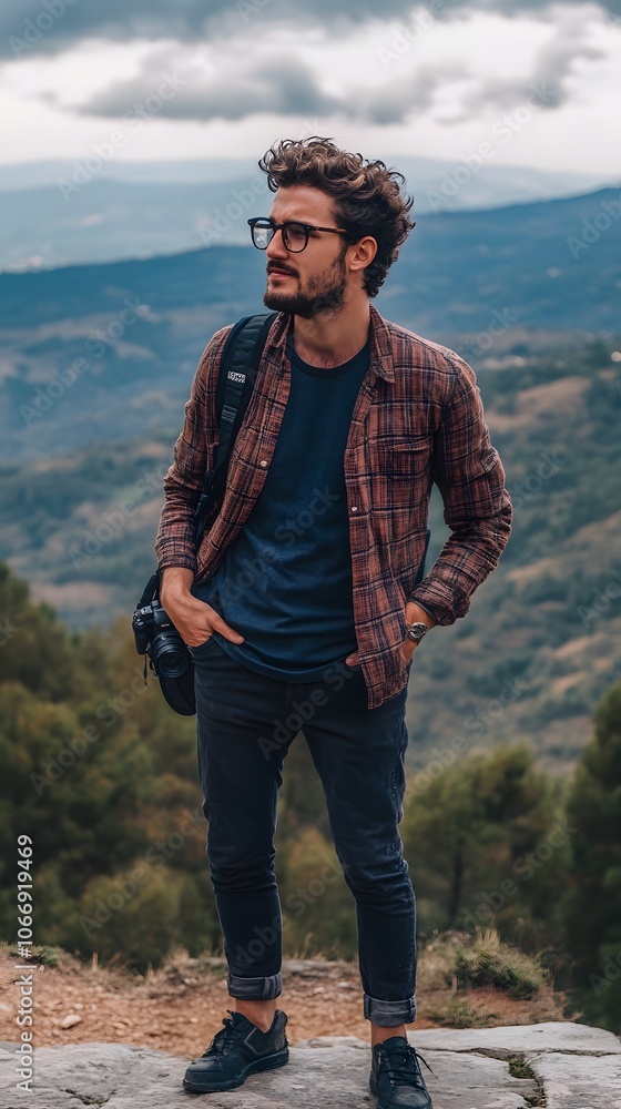 Stylish young man with curly hair enjoying nature in the mountains Stylish young man with curly hair enjoying nature in the mountains
