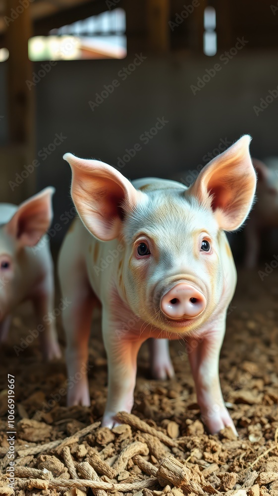 A small piglet stands on a dirt floor with straw, looking curious in a barn A small piglet stands on a dirt floor with straw, looking curious in a barn