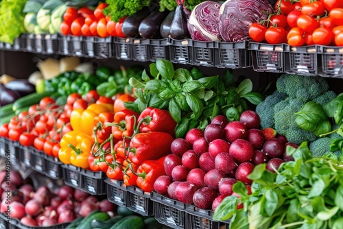 A Vibrant Display of Fresh Produce in Black Bins photo