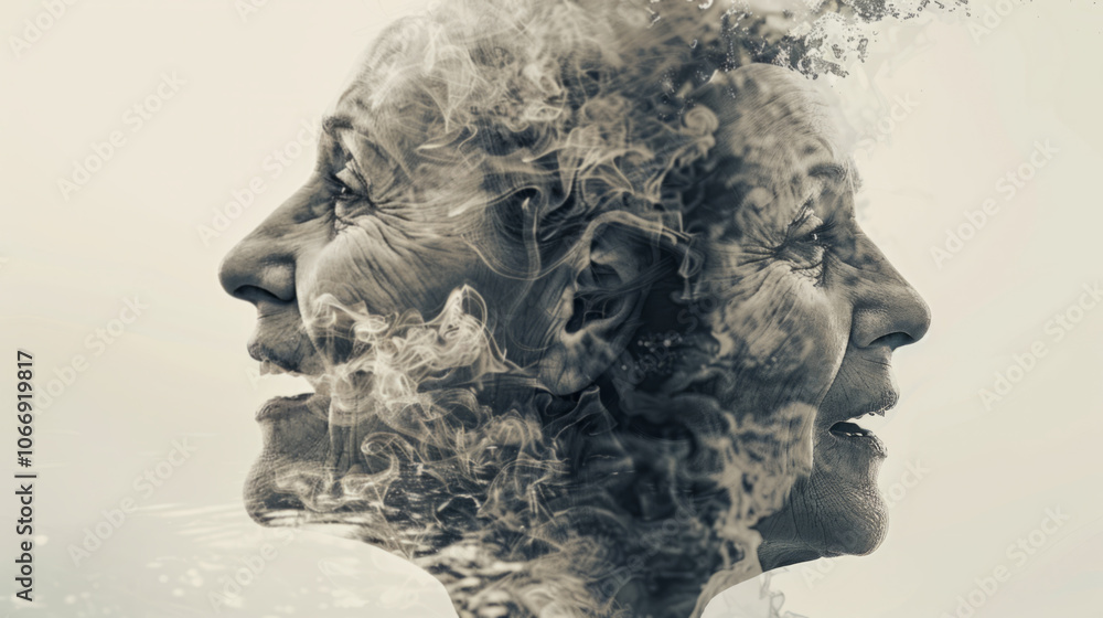 A black and white double exposure portrait of a woman smiling A black and white double exposure portrait of a woman smiling