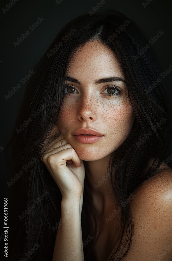 A woman with long hair and a pensive expression A woman with long hair and a pensive expression