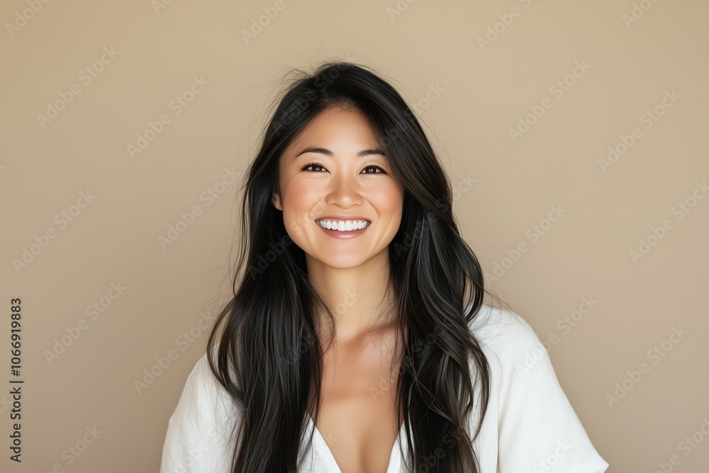 A woman with long black hair is smiling and wearing a white shirt A woman with long black hair is smiling and wearing a white shirt