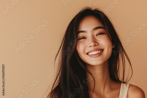 A woman with long hair is smiling and looking at the camera