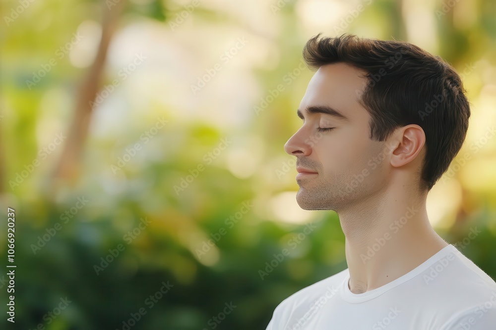 A peaceful young man is meditating outdoors, surrounded by lush greenery, with his eyes closed and a serene expression. A peaceful young man is meditating outdoors, surrounded by lush greenery, with his eyes closed and a serene expression.
