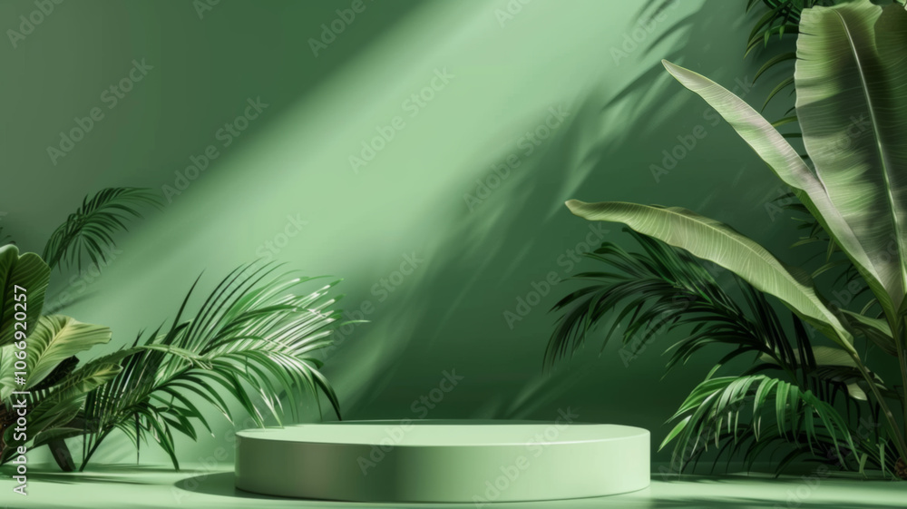 Minimalist Green Podium with Lush Foliage Minimalist Green Podium with Lush Foliage