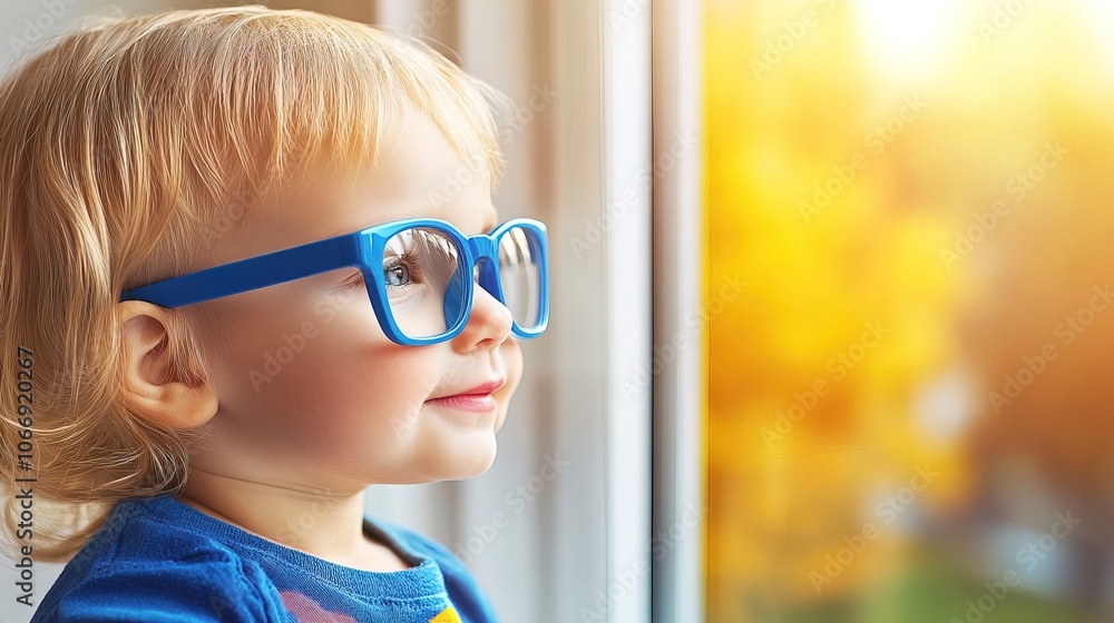 Young Child with Blue Glasses Focusing on a Distant Tree Outside the Window, Symbolizing Myopia Prevention and the Importance of Outdoor Activities Young Child with Blue Glasses Focusing on a Distant Tree Outside the Window, Symbolizing Myopia Prevention and the Importance of Outdoor Activities