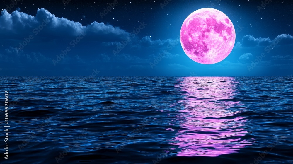 Pink Full Moon Over Ocean Night Sky Stars Clouds Reflection Pink Full Moon Over Ocean Night Sky Stars Clouds Reflection