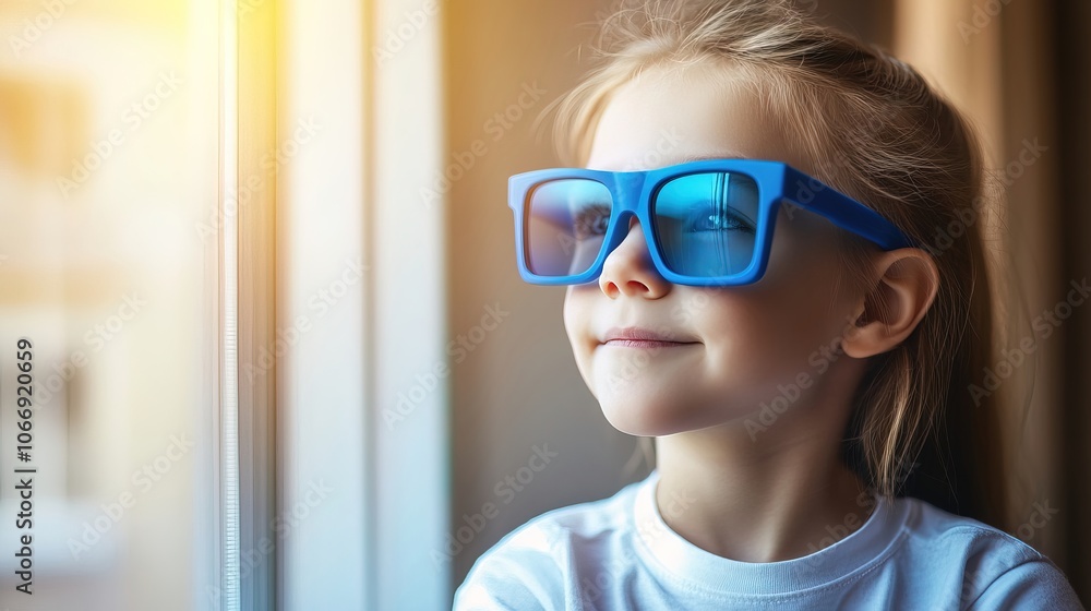 Young Child with Blue Glasses Focusing on a Distant Tree Outside the Window, Symbolizing Myopia Prevention and the Importance of Outdoor Activities Young Child with Blue Glasses Focusing on a Distant Tree Outside the Window, Symbolizing Myopia Prevention and the Importance of Outdoor Activities
