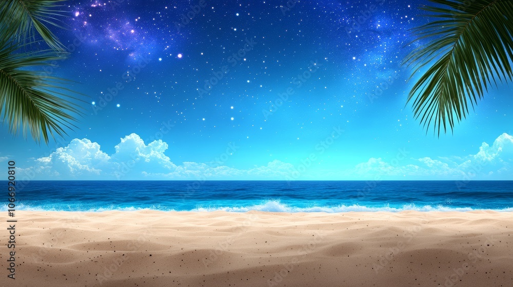 Tropical Beach Night Sky Palm Trees Stars Ocean Waves Sandy Shore Tropical Beach Night Sky Palm Trees Stars Ocean Waves Sandy Shore