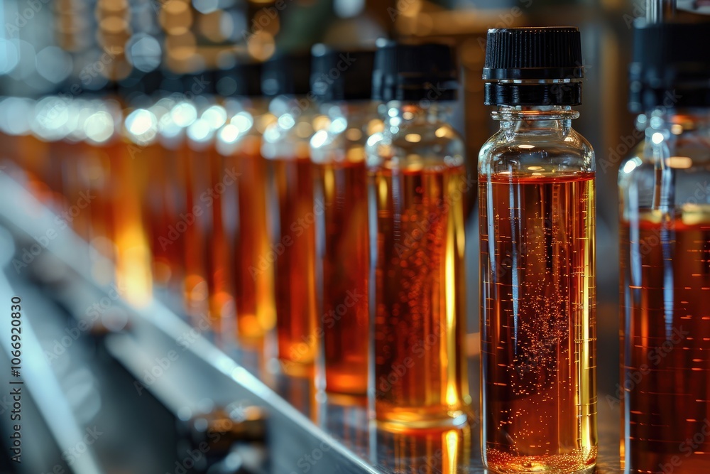 A row of glass bottles filled with a translucent amber liquid, with black caps. A row of glass bottles filled with a translucent amber liquid, with black caps.