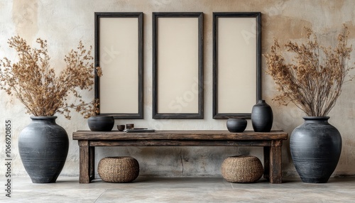 Wooden picture frame mockup displayed against a textured beige wall with decor photo