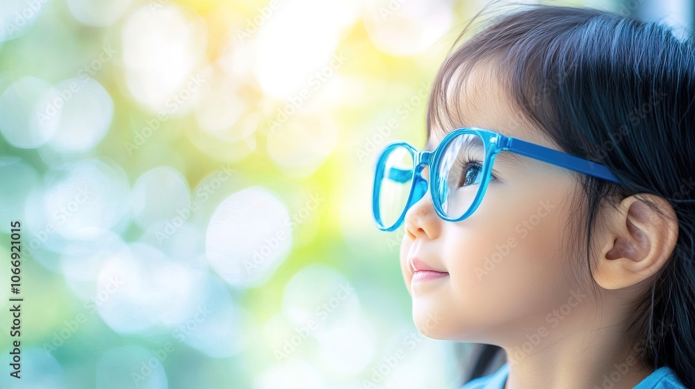 Young Child with Blue Glasses Focusing on a Distant Tree Outside the Window, Symbolizing Myopia Prevention and the Importance of Outdoor Activities