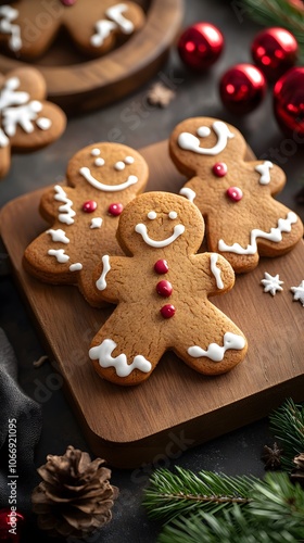 Three cheerful gingerbread men decorated with icing on a wooden surface.