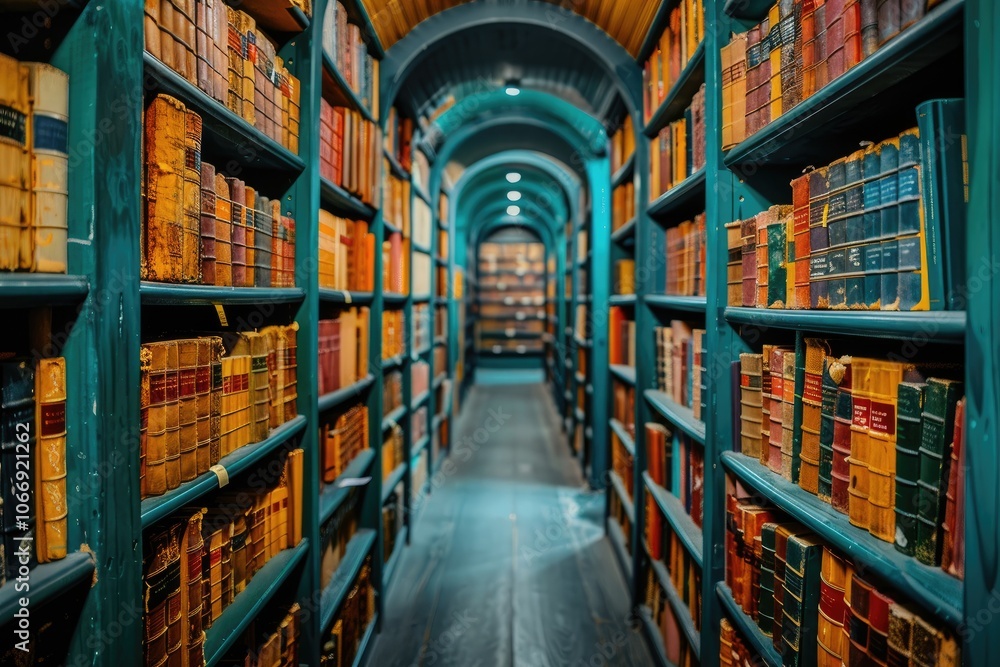 A Serpentine Corridor of Antique Books in a Library A Serpentine Corridor of Antique Books in a Library